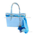 Graceful and Elegant Blue PU Leather Handbags, Decorated with Soft Chiffon Fabric, Nice AppearanceNew